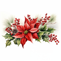 Christmas Watercolor Floral Wreath with foliage, flowers and berries