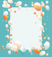 Frame with empty space for text, surrounded by balloons and Easter eggs. Copy space. Birthday, Easter greetings.
