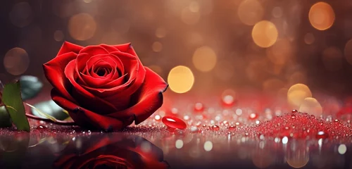 Fotobehang an image where red rose petals are falling gently, like raindrops, against a soft, blurred background. The petals should look vibrant and inviting. © M Arif