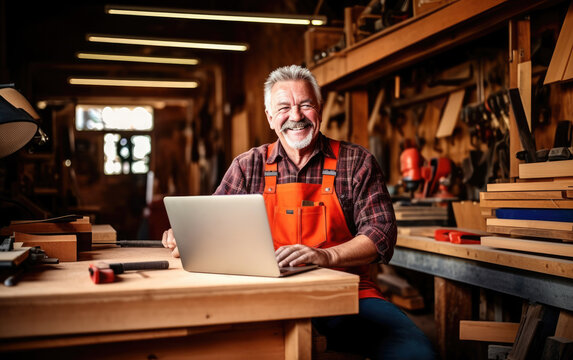 Portrait of bold moustache retired carpenter sitting at his workshop and working with laptop. Small business concept