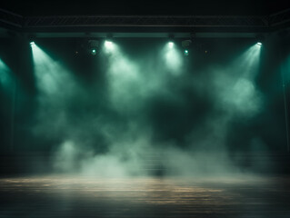 platform for performing or showcasing new product, podium, smoke, lights, backlit, big open space