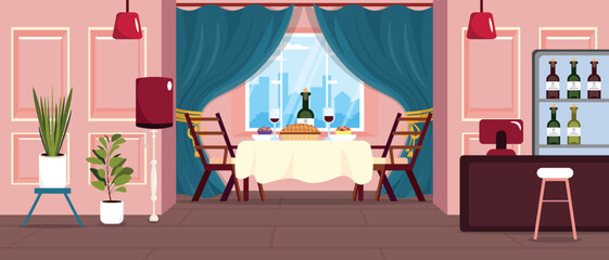 Vector illustration of a beautiful restaurant interior. Cartoon scene with a bar counter, a cabinet with wine bottles, a table with a bottle and glasses of red wine, a pie, cakes.