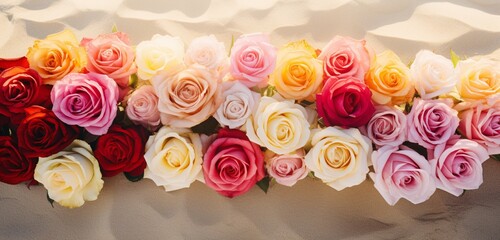 An overhead shot of an assortment of multicolored roses (reds, yellows, whites, and pinks) spread out on a sandy beach texture. 