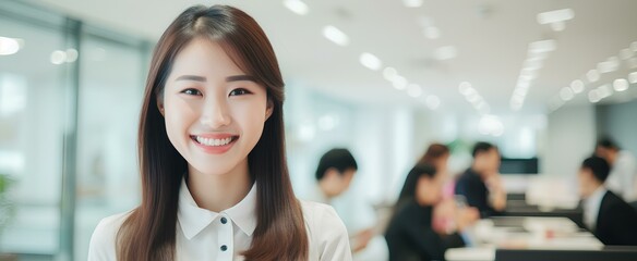 happy korean business woman manager at office meeting. smiling female hr hiring recruit at job interview. generative AI - obrazy, fototapety, plakaty