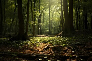 Sunlight filtering through the leaves of a dense forest, creating a magical play of shadows on the forest floor.