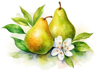 Watercolor Pear Isolated, Aquarelle Ripe Fruit and Flowers, Creative Watercolor Pears on White