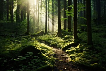 Fototapeta premium Sunlight filtering through the leaves of a dense forest, creating a magical play of shadows on the forest floor.