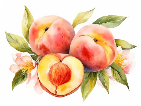 Watercolor Peach Isolated, Aquarelle Peach Fruit and Leaves, Creative Watercolor Peaches on White