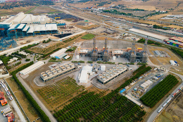 Power Plant natural gas fired in industrial zone, Aerial wide shot