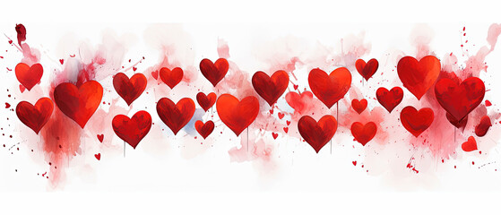 hermoso fondo de acuarela de corazones rojos sobre fondo blanco, concepto San Valentín, celebraciones, dia de la madre, aniversarios y cumpleaños - obrazy, fototapety, plakaty