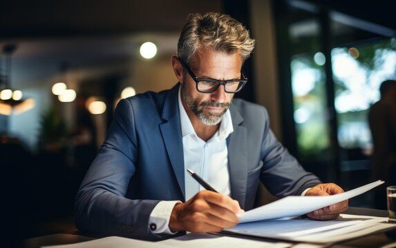 Busy businessman investor checking bank document at office team meeting