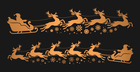 Merry Christmas. Silhouette Santa Claus in sleigh with deers flyin. Design elements for decoration holiday poster, flyer, greeting card. Vector illustration - obrazy, fototapety, plakaty