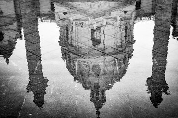 Vienna, Austria. Columns and dome of the St. Charles Church (Karlskirche) reflected in the pond of...