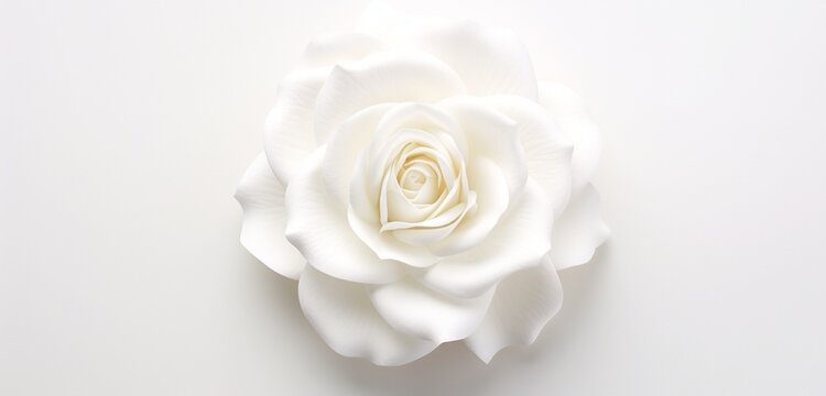 Craft an image highlighting the beauty of a white rose from above, set against an isolated white background.