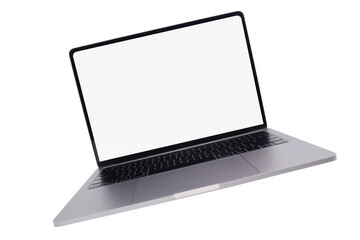 Flying laptop front view with blank screen on transparent background png