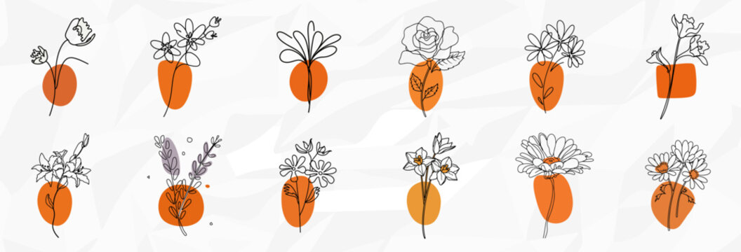 Bundle mit verschiedenen Blumenarten als k&uuml;nstlerische Lineart-Illustrationen