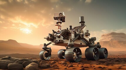 A modern technological rover spaceship landed on the red planet to find water on Mars. Scientific expedition with experiments and research. Mission flight beyond the solar system. Global science about - obrazy, fototapety, plakaty