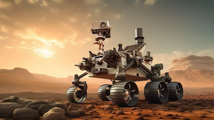 Fotobehang A modern technological rover spaceship landed on the red planet to find water on Mars. Scientific expedition with experiments and research. Mission flight beyond the solar system. Global science about © Irina