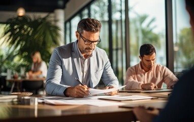 Busy businessman investor checking bank document at office team meeting