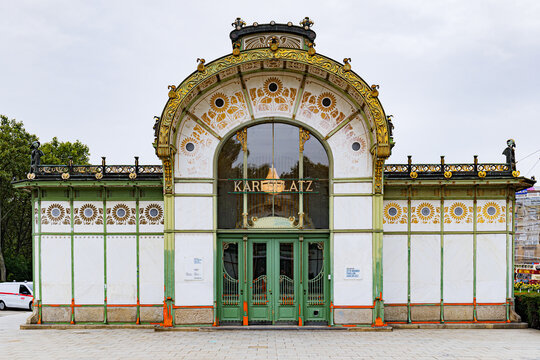 Vienna, Austria. Facade of Otto Wagner's Art Nouveau Pavilion at Karlsplatz tram station, with a dedicated art exhibition inside.