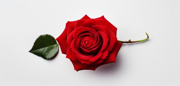 Craft an image highlighting the beauty of a red rose from above, set against an isolated white background with space for text or design elements.
