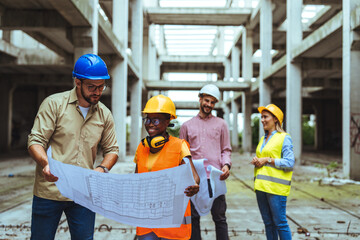 Building, construction and group with architect on tablet, project blueprint or engineering planning for work site. People, teamwork and engineer with technology, strategy or idea for contractor