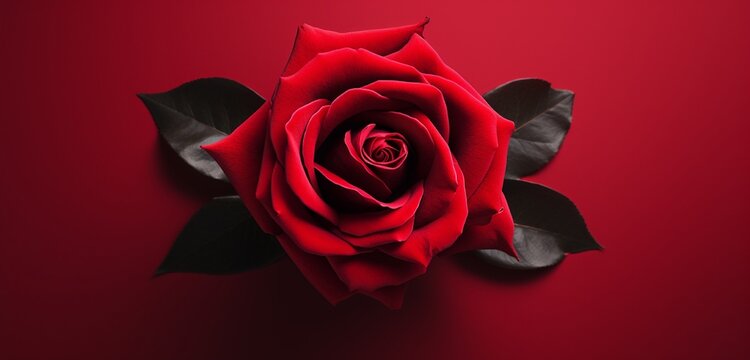 Craft an image that highlights the allure of a red rose from above, placing it elegantly on an isolated red background for a captivating moment.