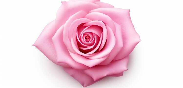Create a realistic top-view image of a captivating pink rose on an isolated white background.