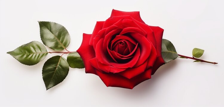 Create a realistic top-view image of a captivating red rose with copy space on an isolated white background.