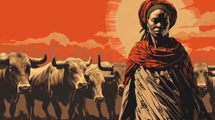 Illustration d'une femme Masaï posant devant le troupeau de vache de sa famille, traditions africaines