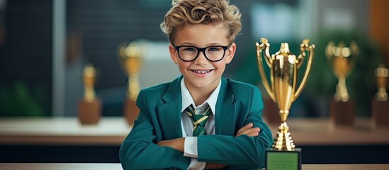 Little boy with trophy in classroom looks good. - obrazy, fototapety, plakaty