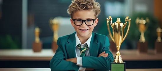 Foto op Canvas Little boy with trophy in classroom looks good. © 2rogan