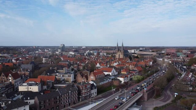 Drone flying into Deventer over the IJsselbridge towards the Bergkerk.