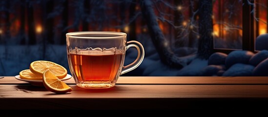 In the wintery evening, a sturdy table was adorned with a crystal-clear glass, containing a delicious winter drink known as hot toddy, made with whiskey; next to it stood a cozy mug, ready to hold the - obrazy, fototapety, plakaty