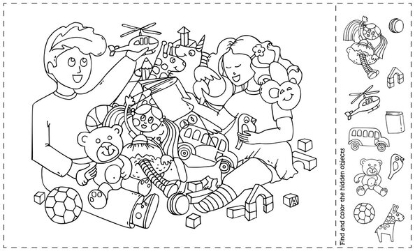 Kids with Pile of Toys. Find and color Hidden 10 Objects in the Picture. Puzzle Visual Game for children. Sketch Vector illustration