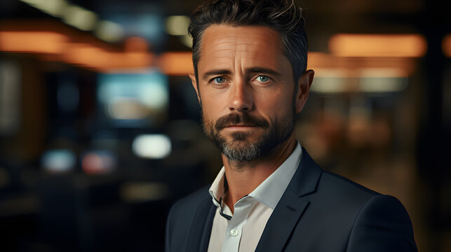 Happy Mid Aged Older Business Man Executive Standing In Office. Smiling 50 Year Old Mature Confident Professional Manager, Confident Businessman Investor Looking At Camera, Headshot Close Up Portrait.