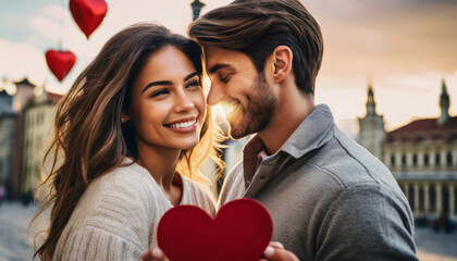 Close up of a beautiful happy young couple in love holding a valentines day heart with a blurred old city travel background - obrazy, fototapety, plakaty