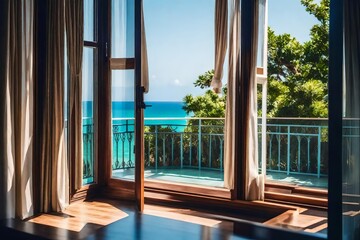 Take a photo of a beautiful window overlooking a balcony and the azure sea. The photo exudes discreet luxury