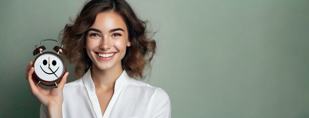 Happy woman holding alarm clock on minimalistic background. Excited girl full of energy starting her best day. Female in the morning, after waking up. Panorama with copy space. - obrazy, fototapety, plakaty