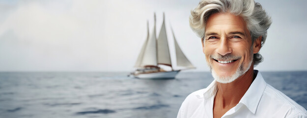 Successful senior businessman on vacation in front of floating yacht sailboat in sea. Concept of...