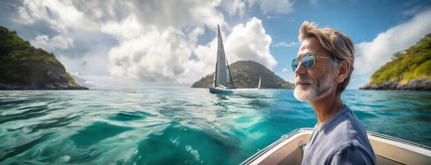 Successful senior man on vacation relaxing on his own yacht sailboat in sea. Concept of wealth and health in old retirement age. Tourist travels worldwide. Panorama with copy space.