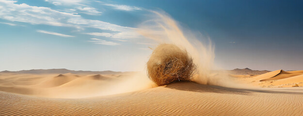 Tumbleweed rolling in desert sand dunes. Made of roofs of the plants. Symbol of desolation and...