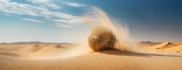 Fotobehang Tumbleweed rolling in desert sand dunes. Made of roofs of the plants. Symbol of desolation and empty expanses, unknown destinations, mysterious, moving across the land at the mercy of the winds. © Igor Tichonow