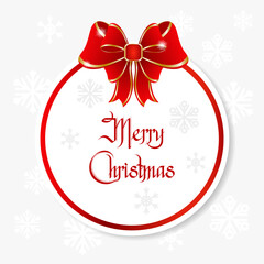 Christmas round banner with a golden bow on a background with snowflakes. Banner with congratulatory text, vector