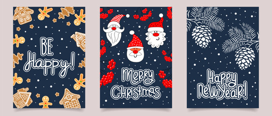 Set of Christmas cards with lettering decorated with toys, Christmas candies, gifts and snowflakes. Set of holiday backgrounds. Posters.
