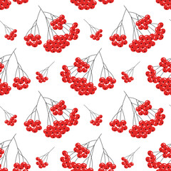 Seamless pattern, brunches of red rowan in the snow on a white background. Print, background, vector
