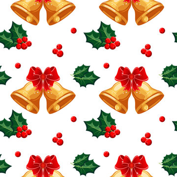 Seamless pattern. christmas bells and holly with berries on a white background. Print, background, vector