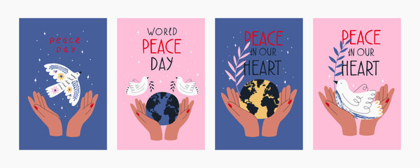 4 postcards international day of peace. Banner with dove, hands, lettering. Banner, card with symbol of no war, world peace. Vector illustration.
