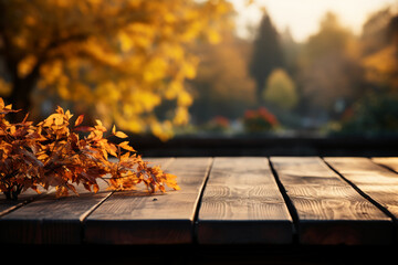 Naklejka na ściany i meble Empty wooden table with autumn background. AI generative