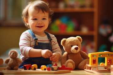Happy cute little toddler playing with collection of wooden toys and soft stuffed animals on playroom.Concept early development and learning,learning through play, imagination.